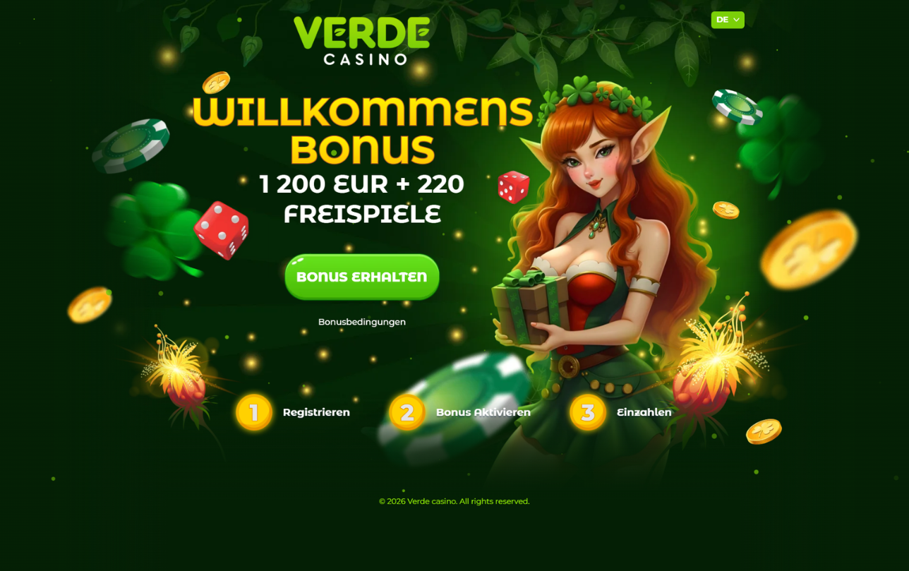 Verde Casino Willkommenspaket: 520% Bonus bis zu 1.200€ plus 220 Freispiele auf der Anmeldeseite