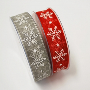 X!Weihnachtsband Schneeflocke rot und grau 25mm20m